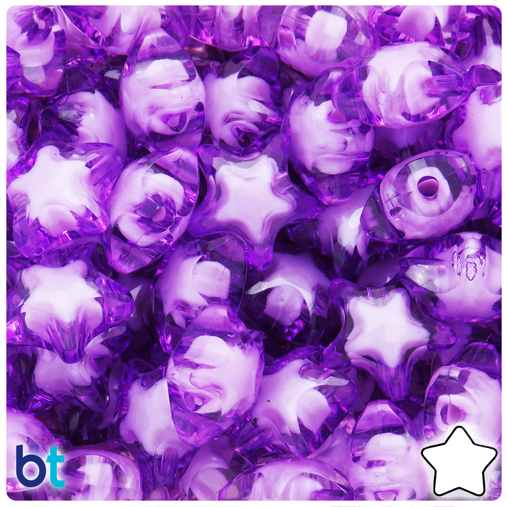 Purple Transparent 20mm Star Plastic Beads - White Core Bead (25pcs)