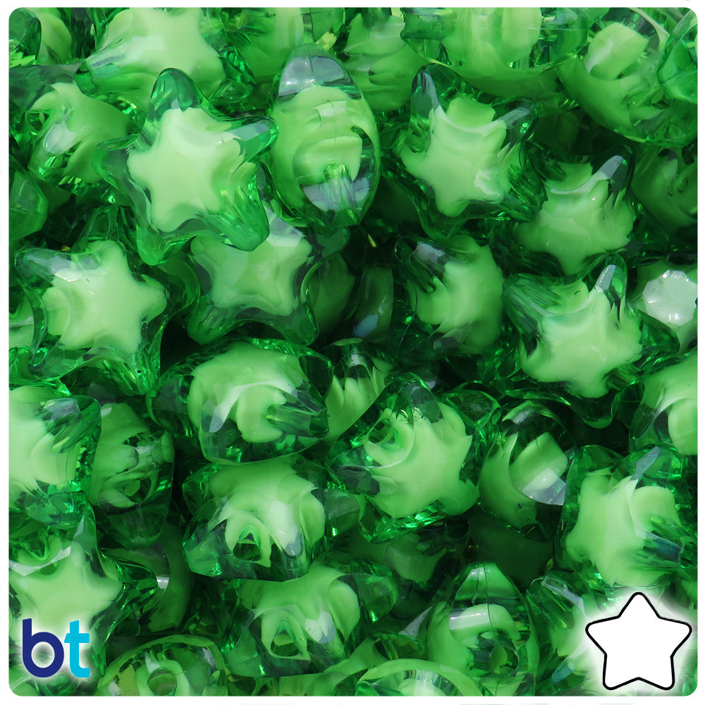 Green Transparent 20mm Star Plastic Beads - White Core Bead (25pcs)