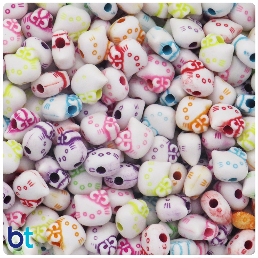 White Opaque 10mm Kitty Head Plastic Beads - Colored Details (100pcs)