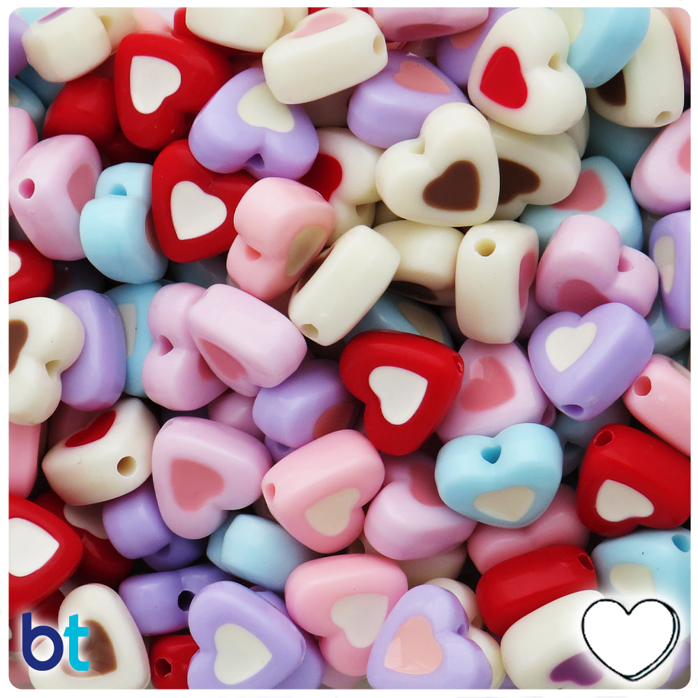 Mixed Pastel Opaque 15mm Heart Plastic Beads - Colored Design (50pcs)