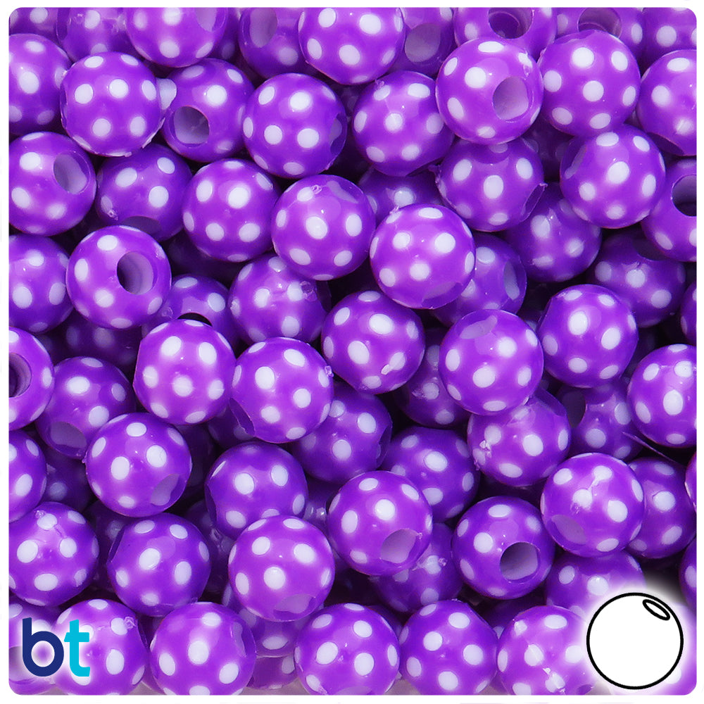 Purple Opaque 12mm Round Plastic Beads - White Polka Dots (65pcs)