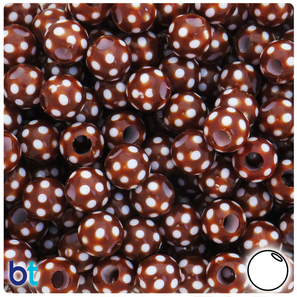 Brown Opaque 12mm Round Plastic Beads - White Polka Dots (65pcs)