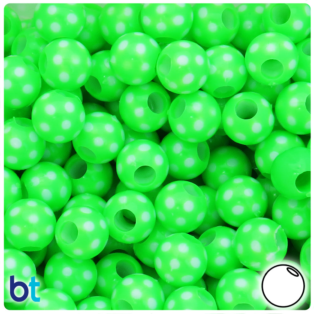 Light Green Opaque 12mm Round Plastic Beads - White Polka Dots (65pcs)