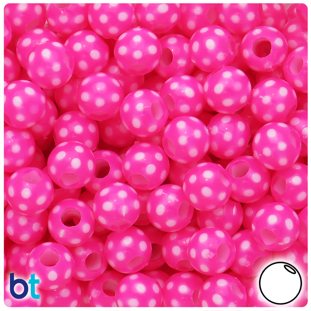 Pink Opaque 12mm Round Plastic Beads - White Polka Dots (65pcs)