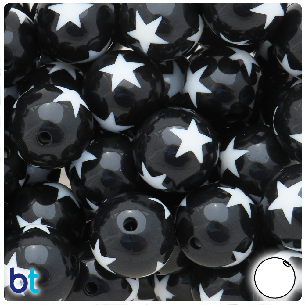 Black Opaque 20mm Round Plastic Beads  - White Stars (10pcs)