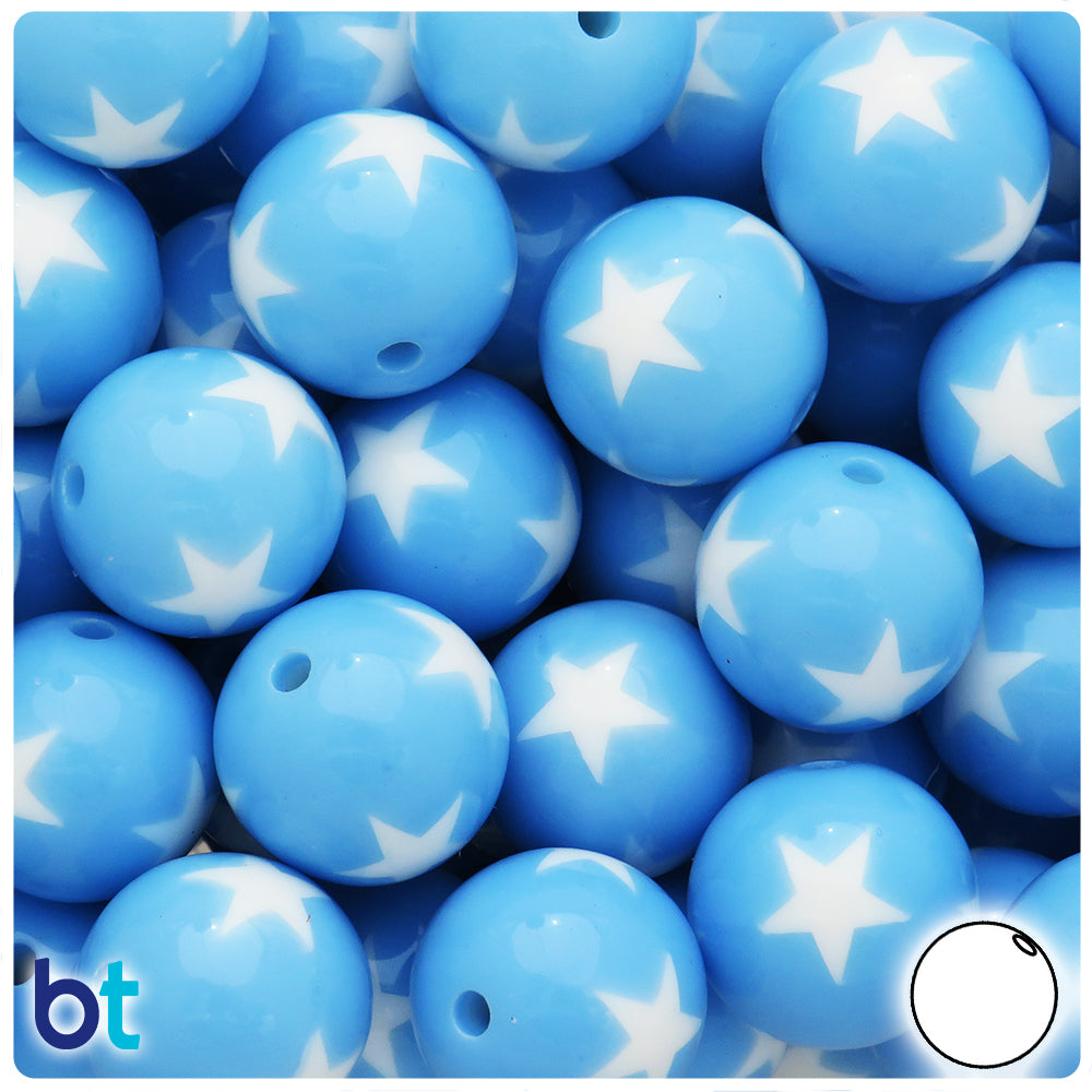 Light Blue Opaque 20mm Round Plastic Beads  - White Stars (10pcs)