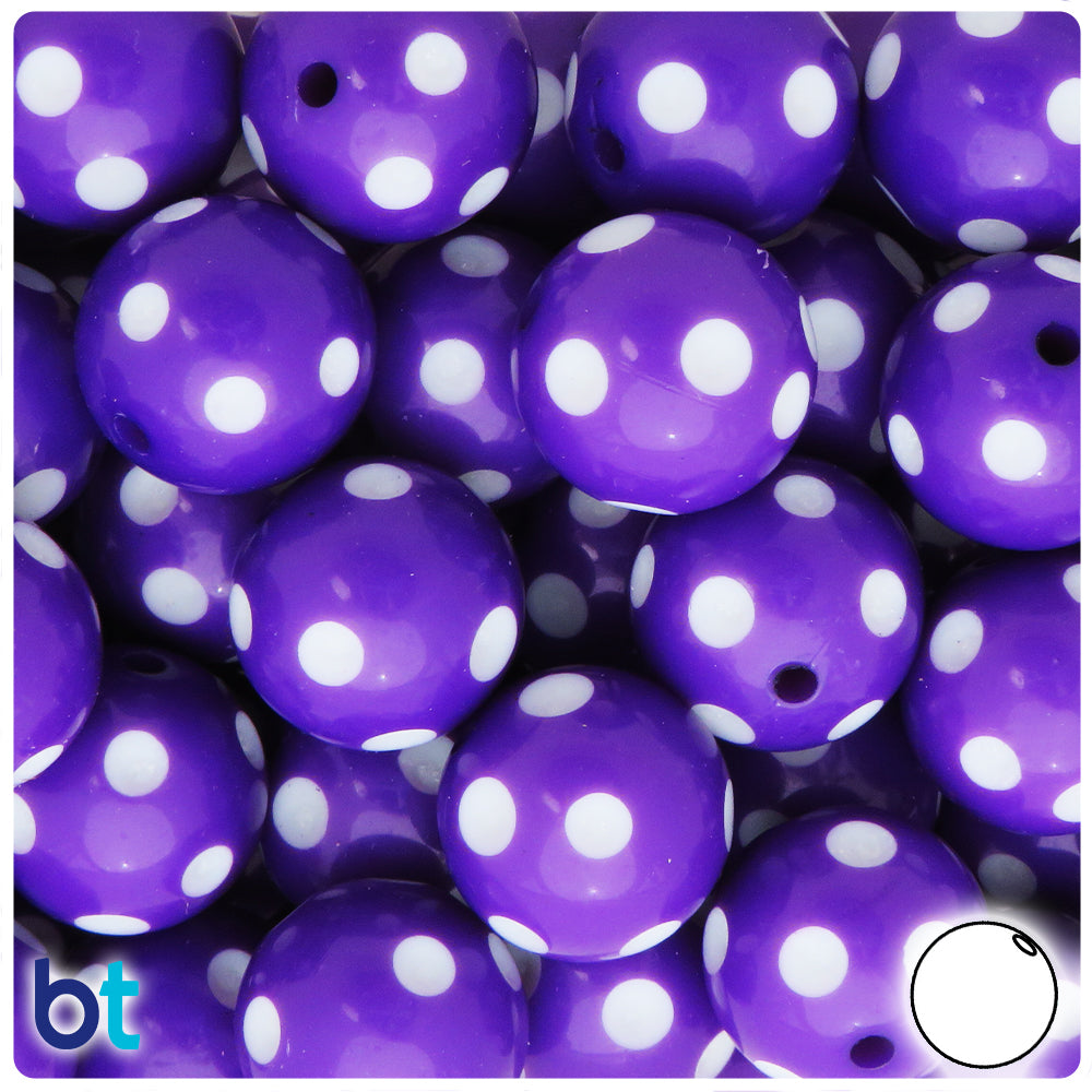 Dark Purple Opaque 20mm Round Plastic Beads - White Polka Dots (10pcs)