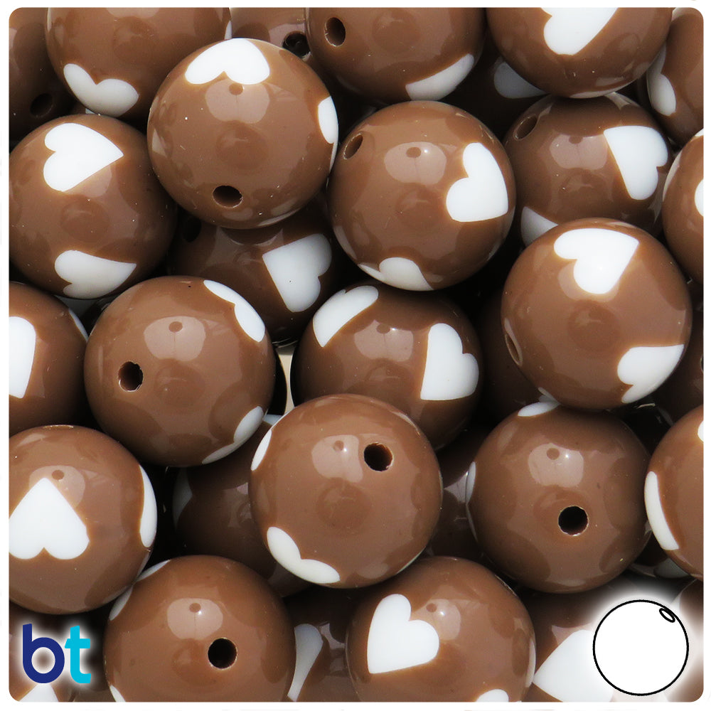 Brown Opaque 20mm Round Plastic Beads - White Hearts (10pcs)