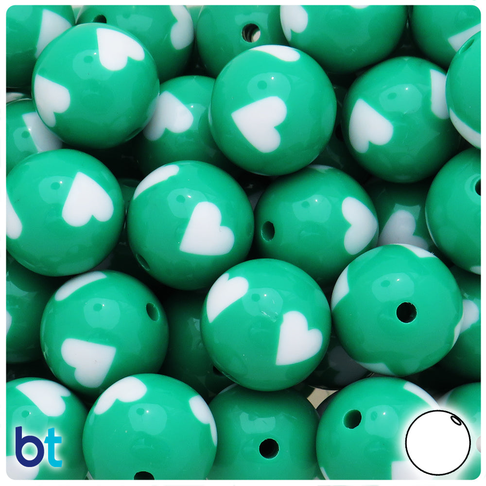 Dark Green Opaque 20mm Round Plastic Beads - White Hearts (10pcs)