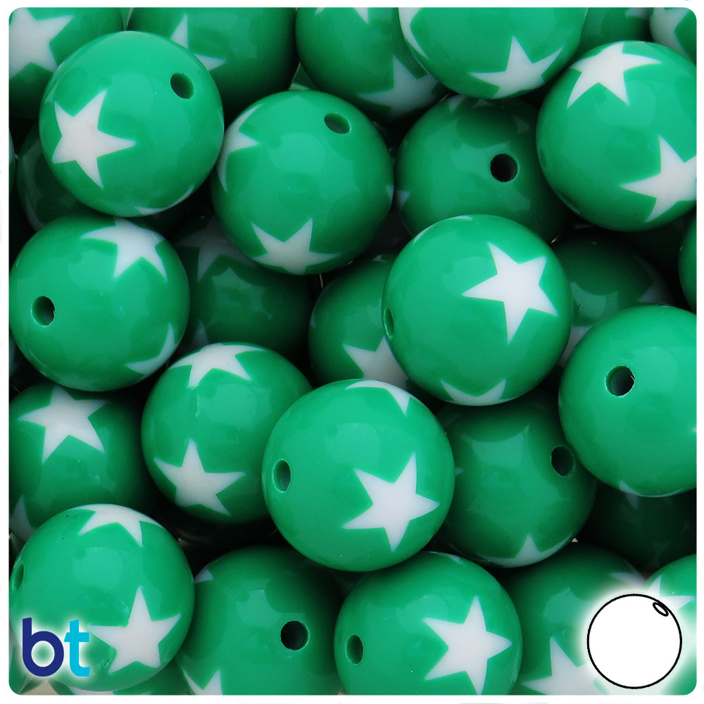 Dark Green Opaque 20mm Round Plastic Beads - White Stars (10pcs)