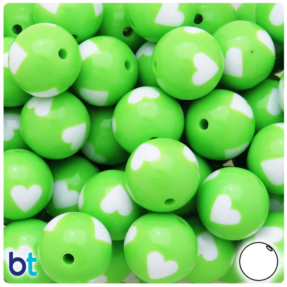 Light Green Opaque 20mm Round Plastic Beads  - White Hearts (10pcs)
