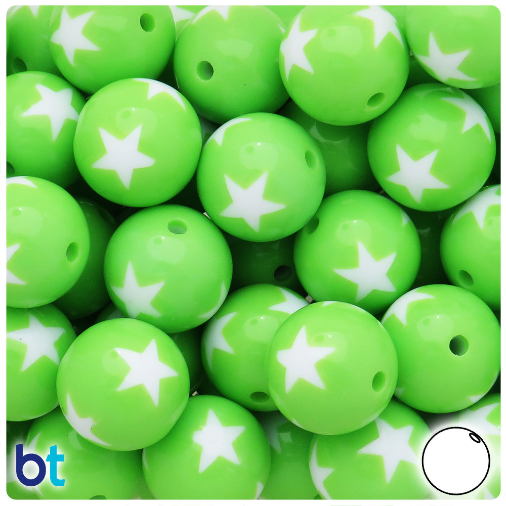 Light Green Opaque 20mm Round Plastic Beads  - White Stars (10pcs)