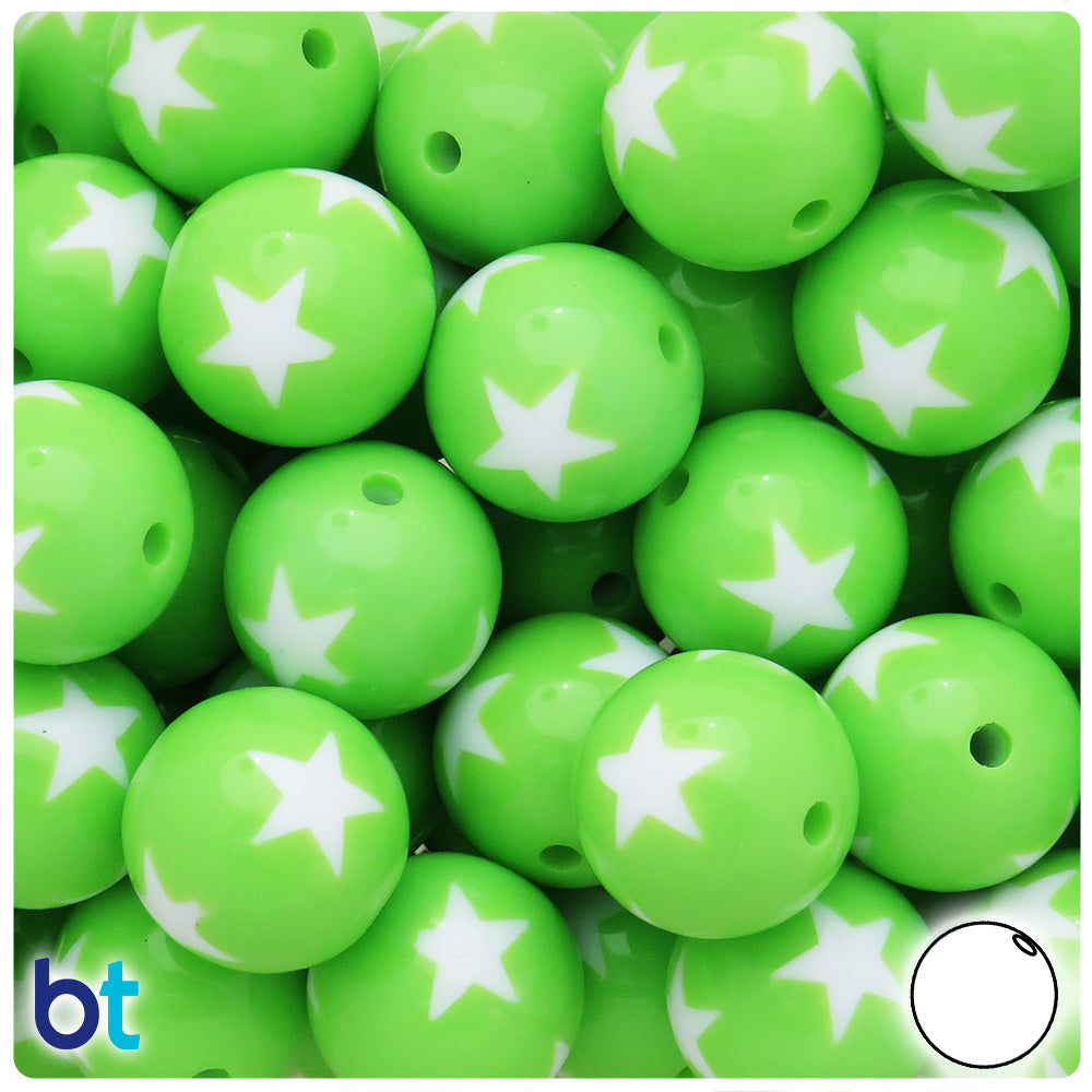 Light Green Opaque 20mm Round Plastic Beads - White Stars (10pcs)