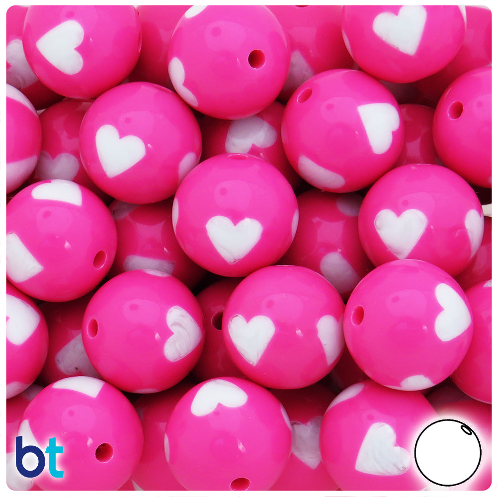 Dark Pink Opaque 20mm Round Plastic Beads - White Hearts (10pcs)