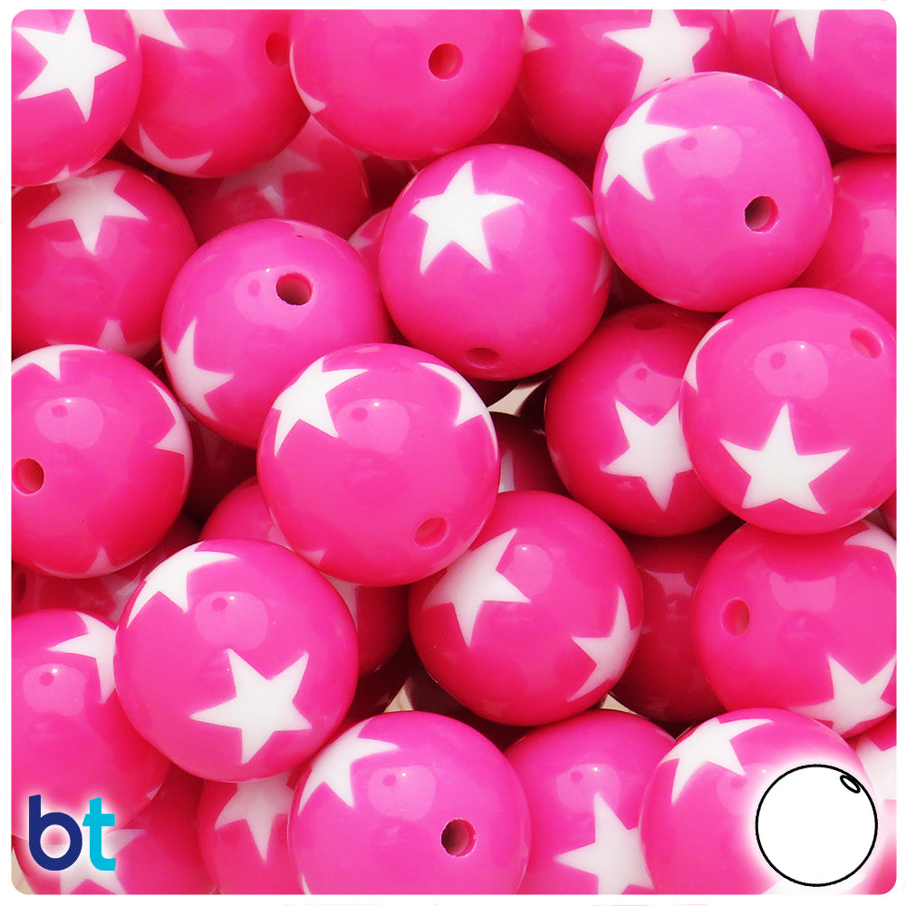 Dark Pink Opaque 20mm Round Plastic Beads - White Stars (10pcs)