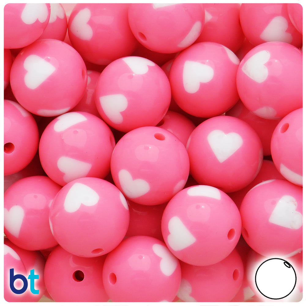 Light Pink Opaque 20mm Round Plastic Beads - White Hearts (10pcs)