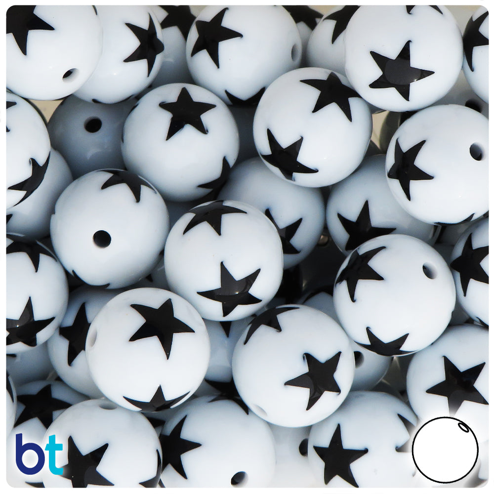 White Opaque 20mm Round Plastic Beads  - Black Stars (10pcs)