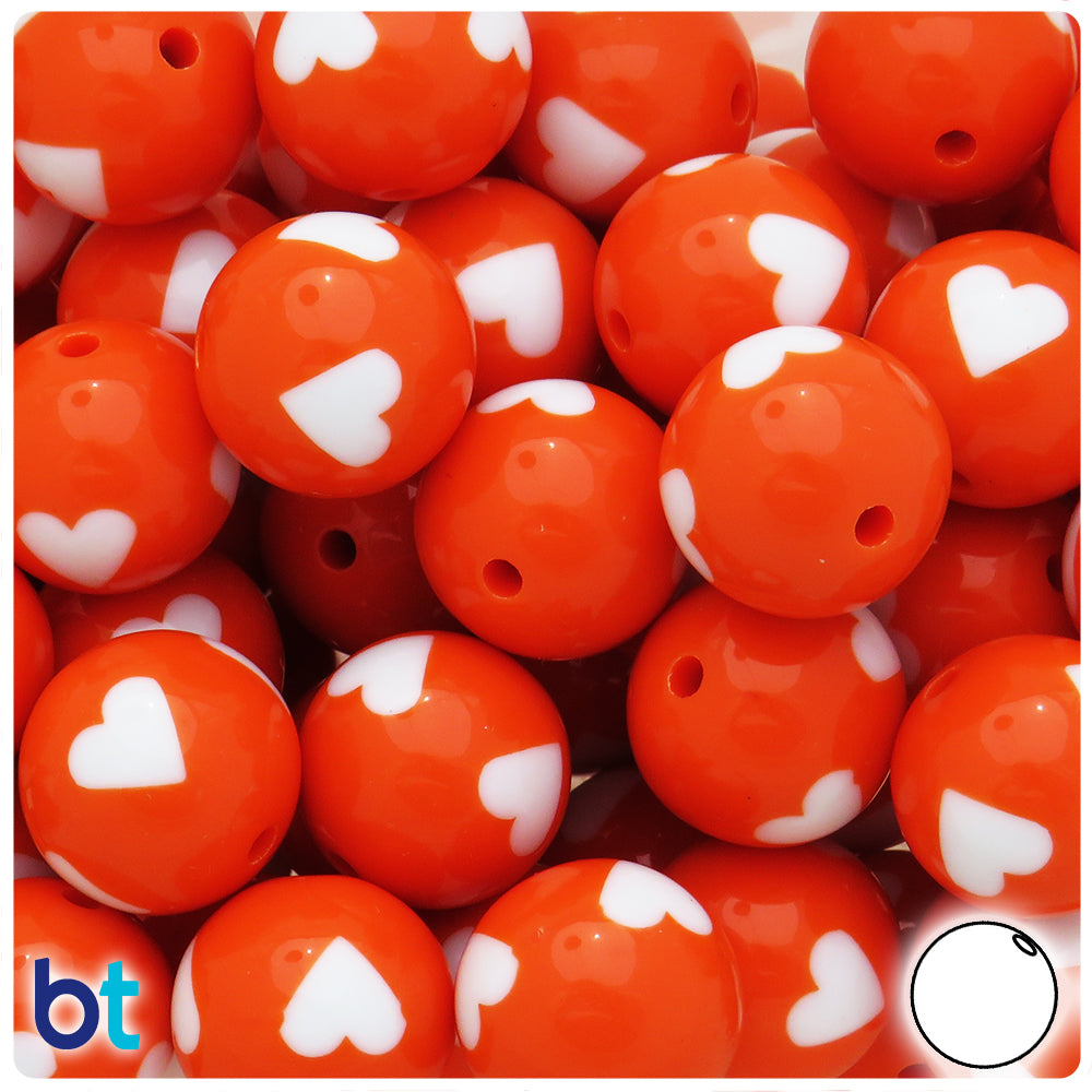 Orange Opaque 20mm Round Plastic Beads  - White Hearts (10pcs)