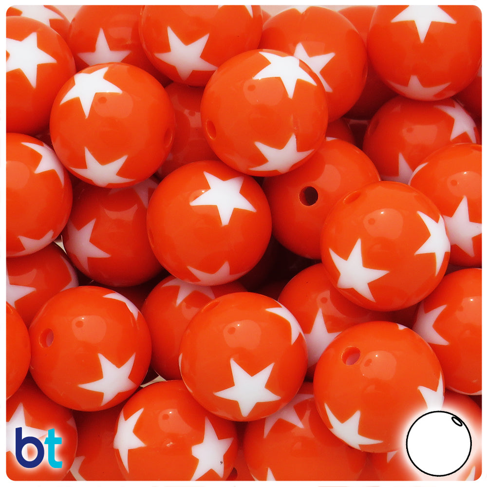 Orange Opaque 20mm Round Plastic Beads  - White Stars (10pcs)
