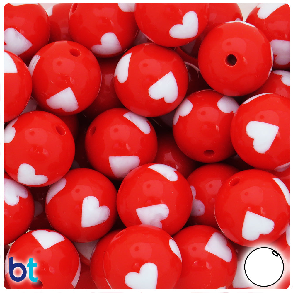 Red Opaque 20mm Round Plastic Beads - White Hearts (10pcs)