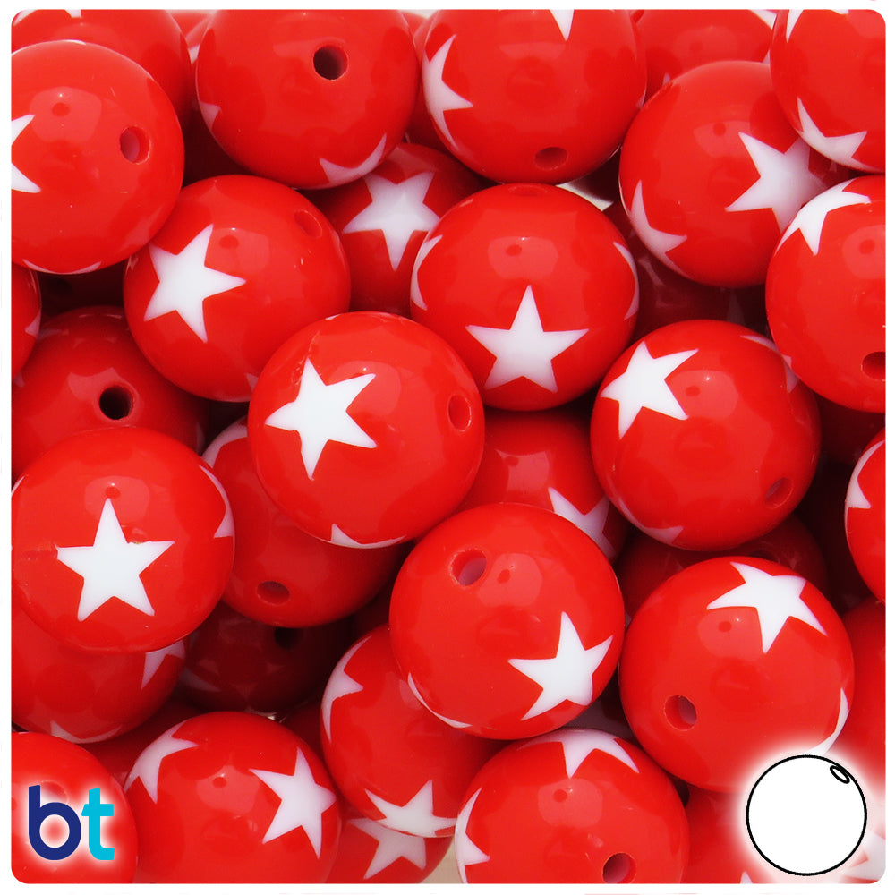 Red Opaque 20mm Round Plastic Beads - White Stars (10pcs)