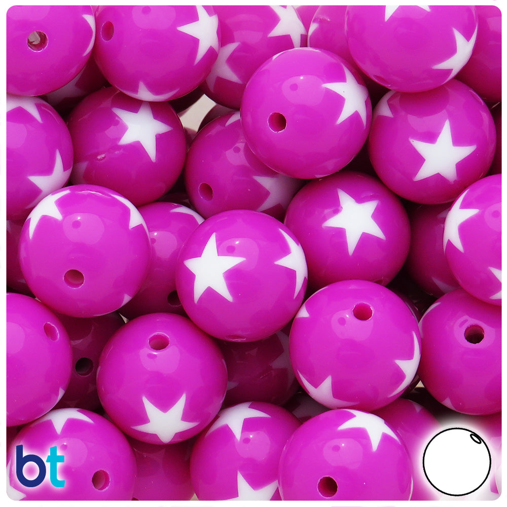 Dark Purple Opaque 20mm Round Plastic Beads - White Stars (10pcs)