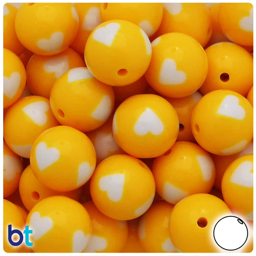 Yellow Opaque 20mm Round Plastic Beads - White Hearts (10pcs)