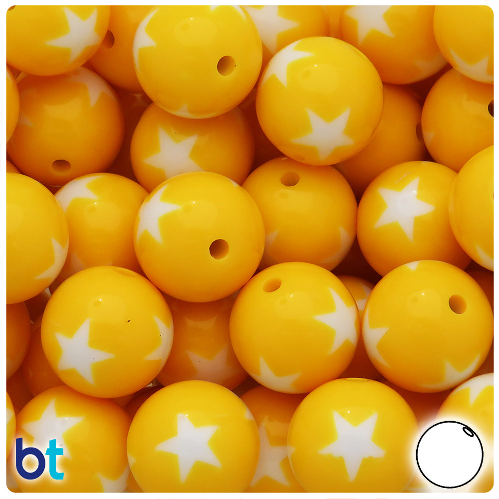 Yellow Opaque 20mm Round Plastic Beads - White Stars (10pcs)