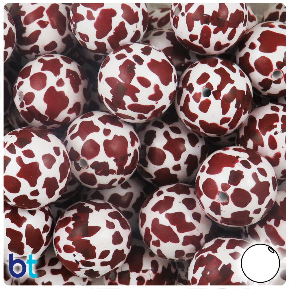 White Opaque 20mm Round Plastic Beads - Brown Cow Design (10pcs)