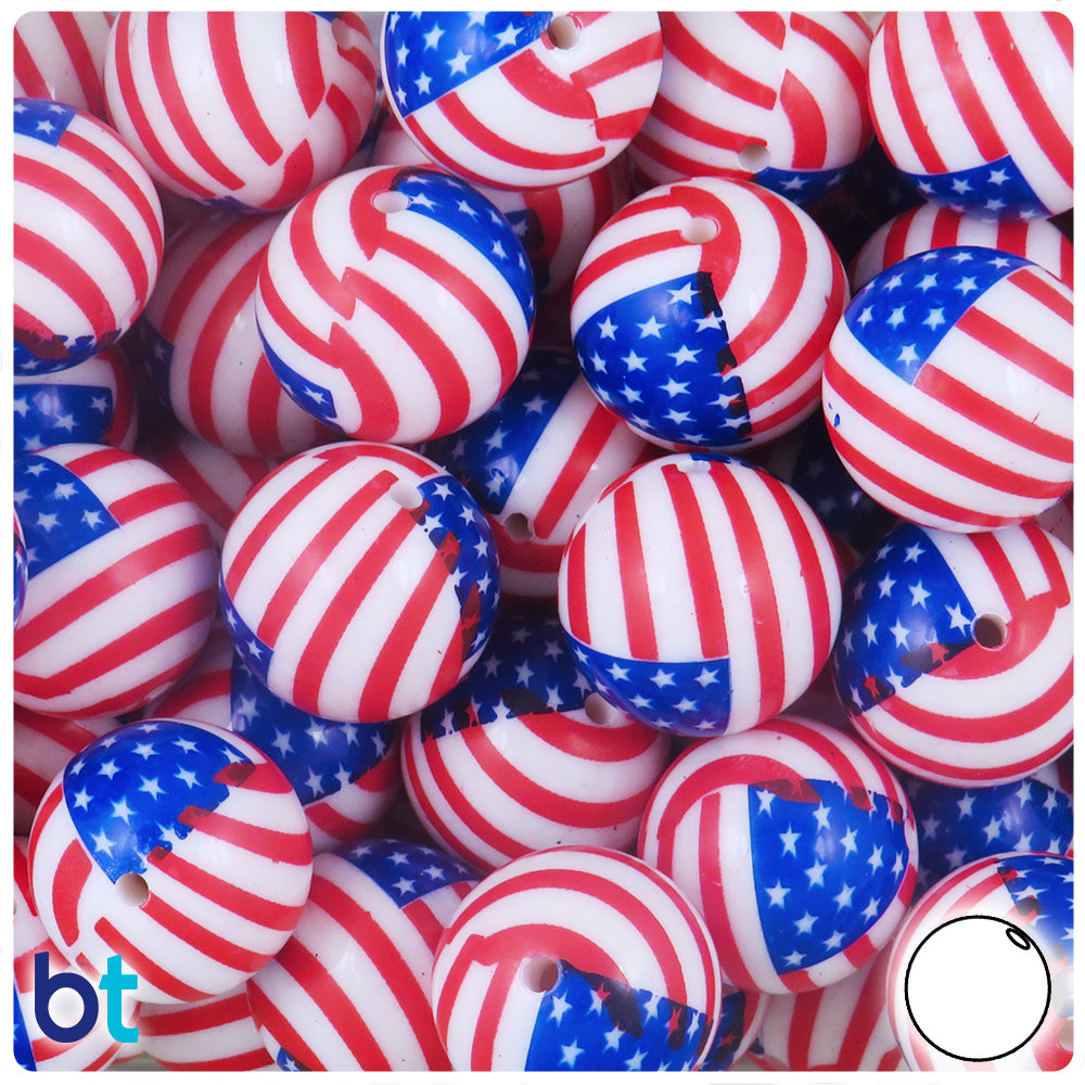 White Opaque 20mm Round Plastic Beads - American Flag Design (10pcs)