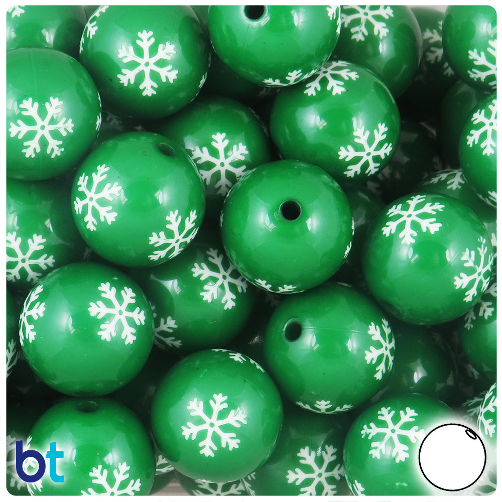 Green Opaque 20mm Round Plastic Beads - White Snowflake Design (10pcs)