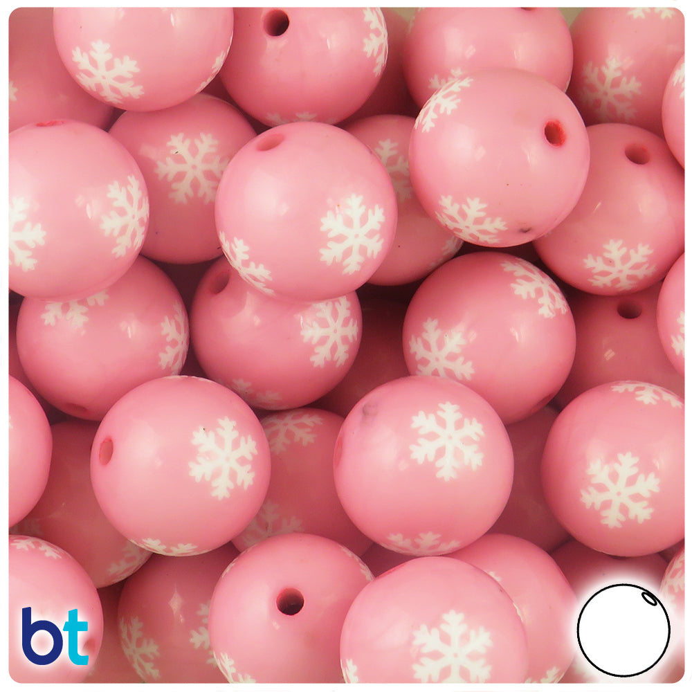 Pink Opaque 20mm Round Plastic Beads - White Snowflake Design (10pcs)