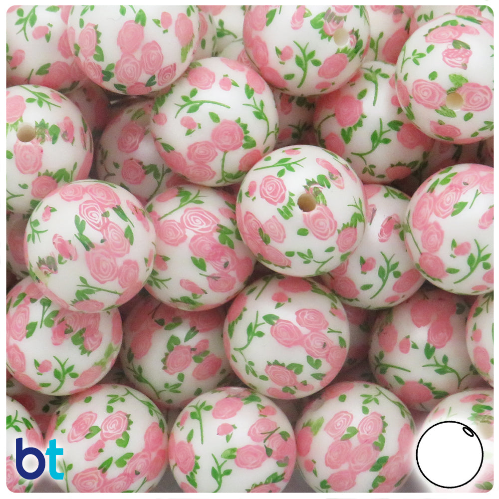 White Pearl 20mm Round Plastic Beads - Pink Rose Design (10pcs)