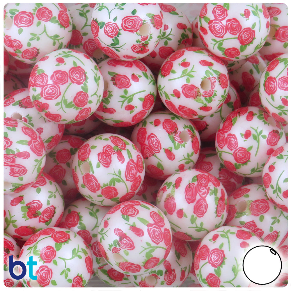 White Pearl 20mm Round Plastic Beads - Red Rose Design (10pcs)