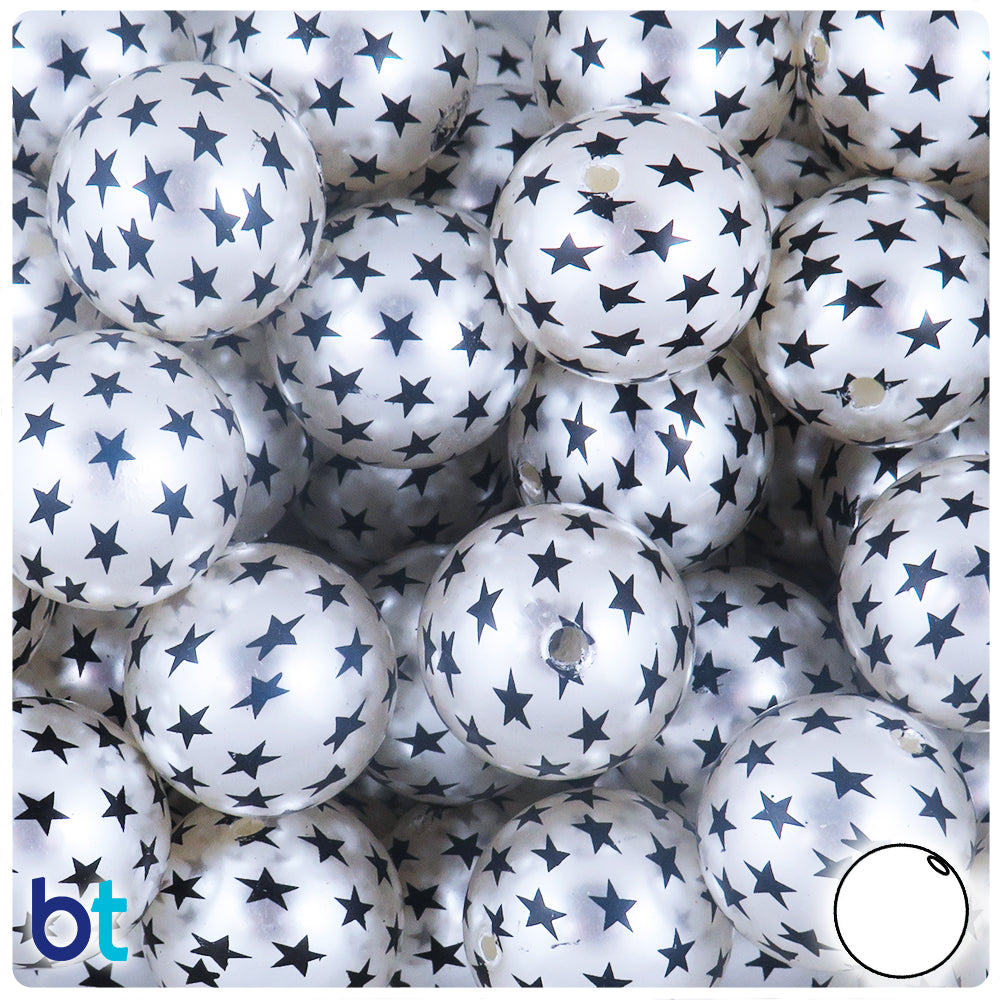 Silver Pearl 20mm Round Plastic Beads - Black Star Design (10pcs)