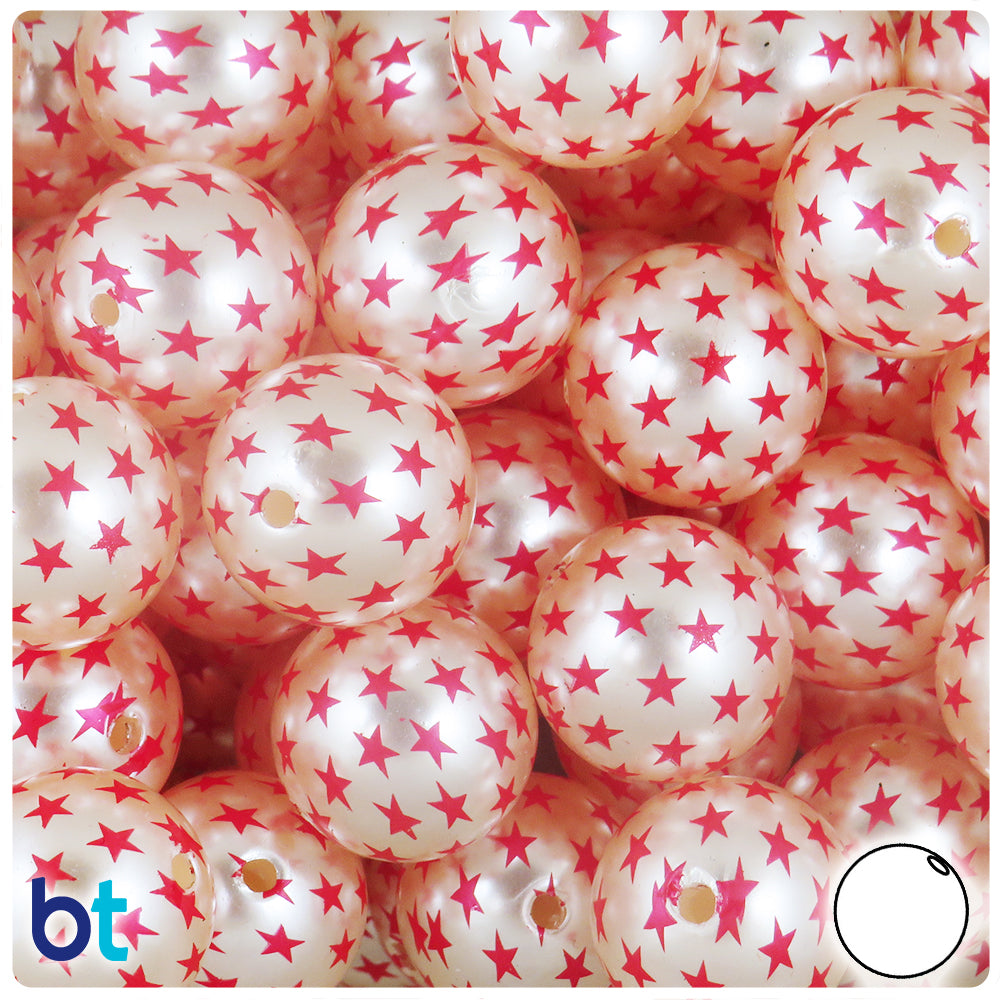 Silver Pearl 20mm Round Plastic Beads - Red Star Design (10pcs)