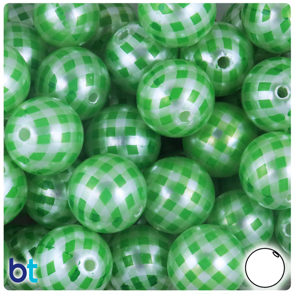 Silver Pearl 20mm Round Plastic Beads - Green Plaid Design (10pcs)