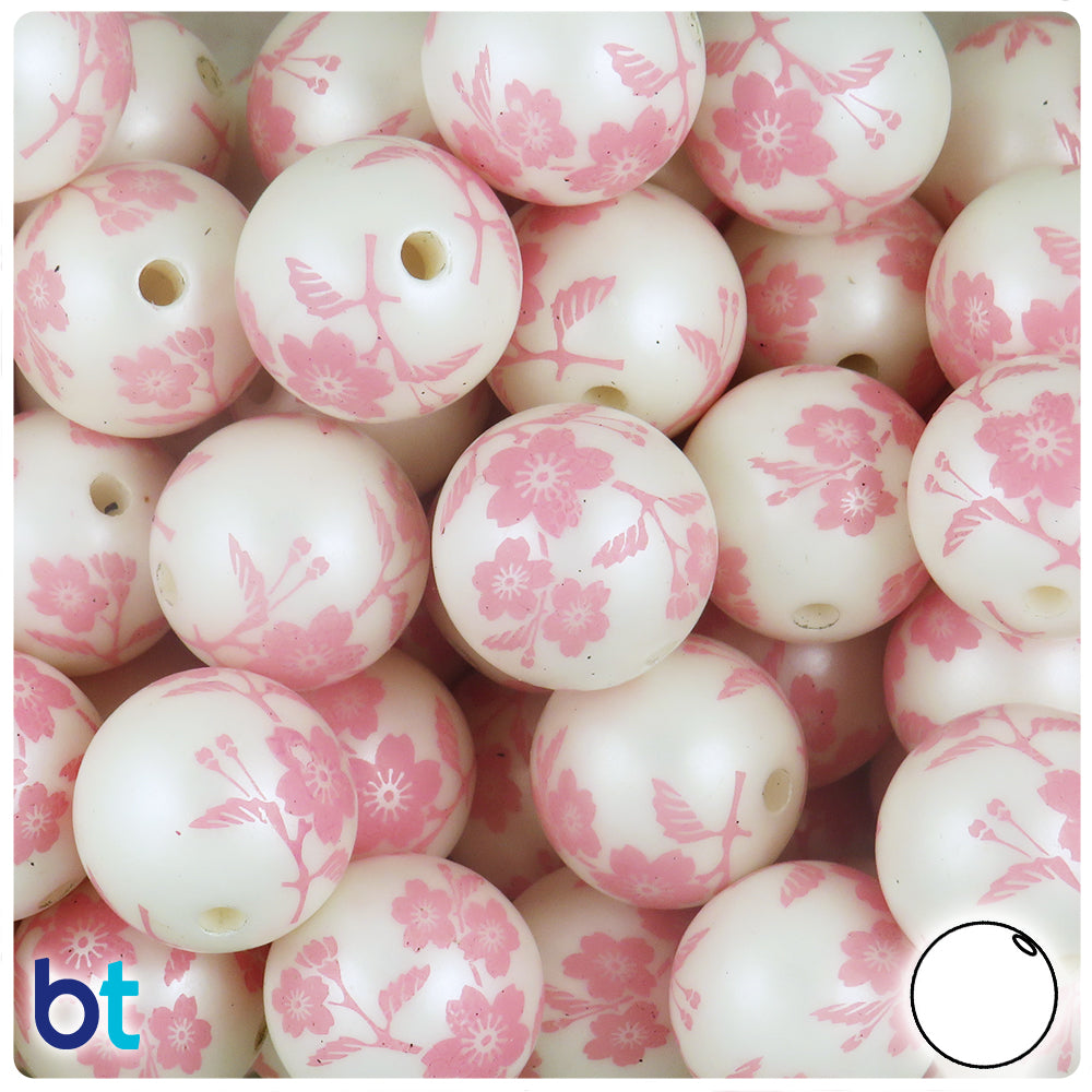 White Pearl 20mm Round Plastic Beads - Pink Flower Design (10pcs)