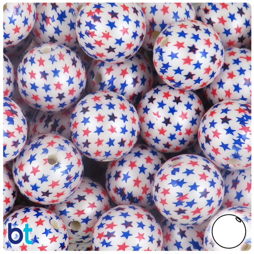 White Pearl 20mm Round Plastic Beads - Red & Blue Star Design (10pcs)