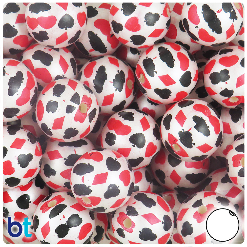 White Pearl 20mm Round Plastic Beads - Black & Red Card Suits Design (10pcs)