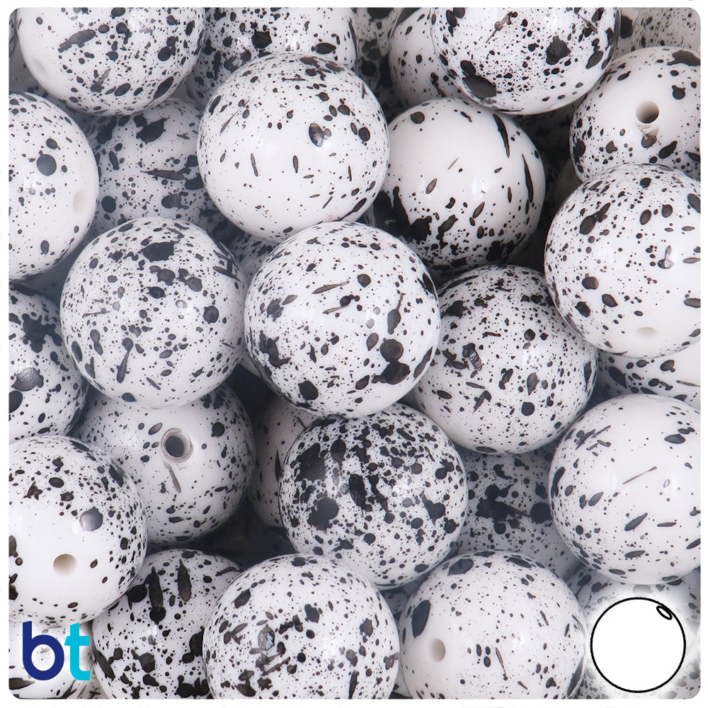White Opaque 20mm Round Plastic Beads - Black Splash Design (10pcs)
