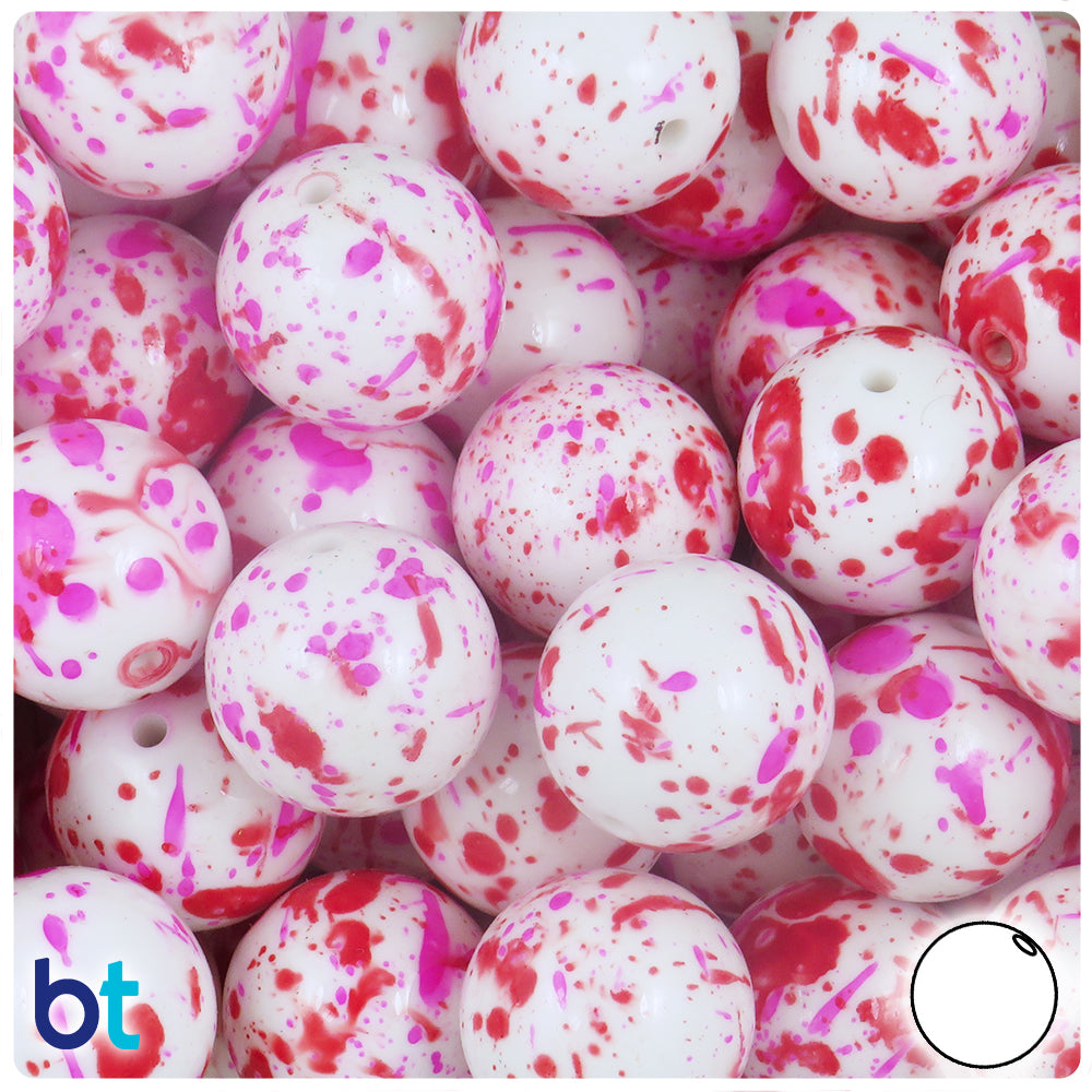 White Opaque 20mm Round Plastic Beads - Valentine Splash Design (10pcs)