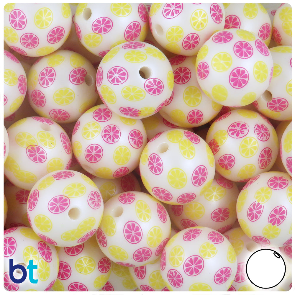 White Pearl 20mm Round Plastic Beads - Multicolored Fruit Slice Design (10pcs)