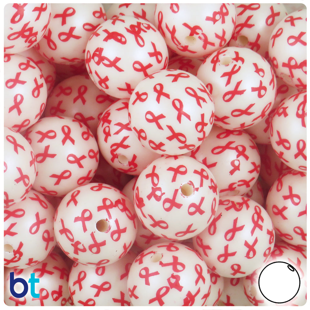 White Pearl 20mm Round Plastic Beads - Red Ribbon Design (10pcs)