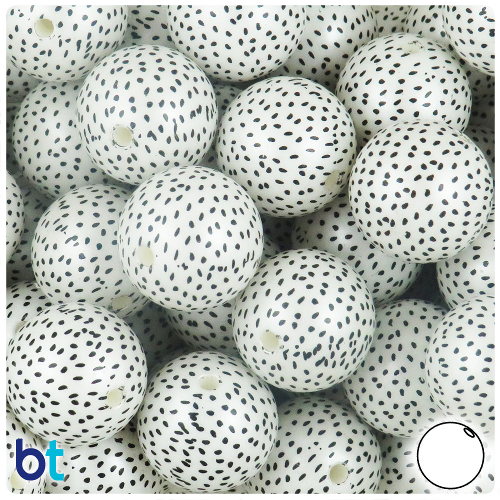 White Pearl 20mm Round Plastic Beads - Black Specks Design (10pcs)