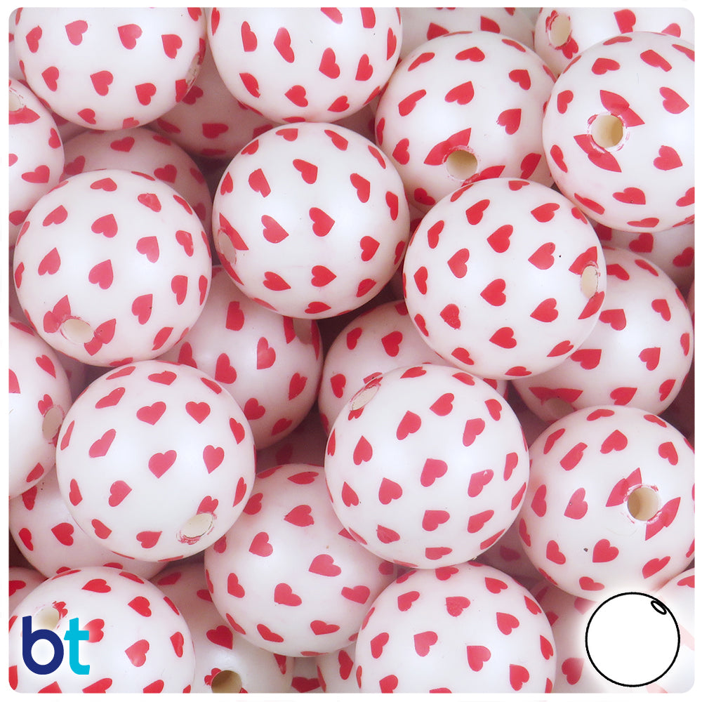 White Pearl 20mm Round Plastic Beads - Small Red Hearts Design (10pcs)