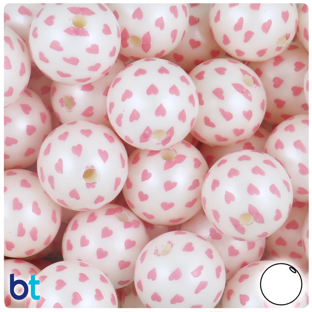 White Pearl 20mm Round Plastic Beads - Small Pink Hearts Design (10pcs)