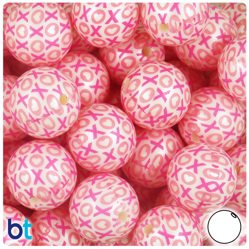 White Pearl 20mm Round Plastic Beads - Pink XOXO Design (10pcs)