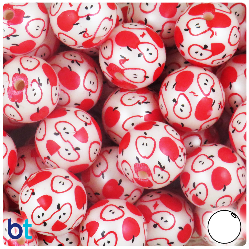 White Pearl 20mm Round Plastic Beads - Red Apple Design (10pcs)