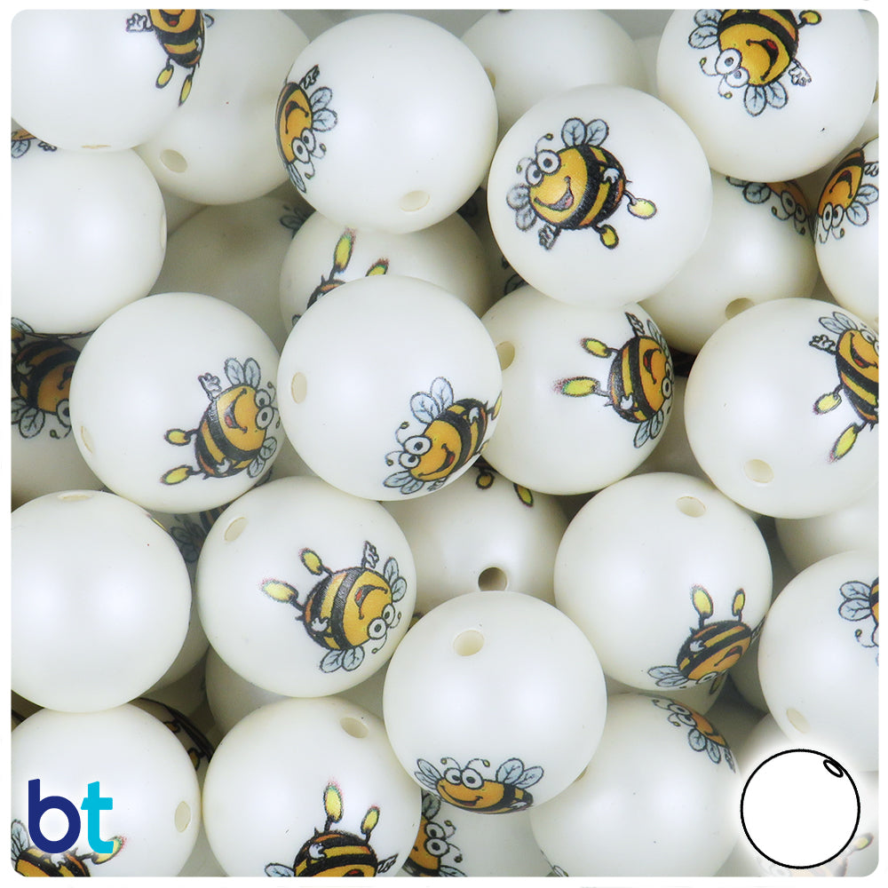 White Pearl 20mm Round Plastic Beads - Large Orange & Black Bee Design (10pcs)